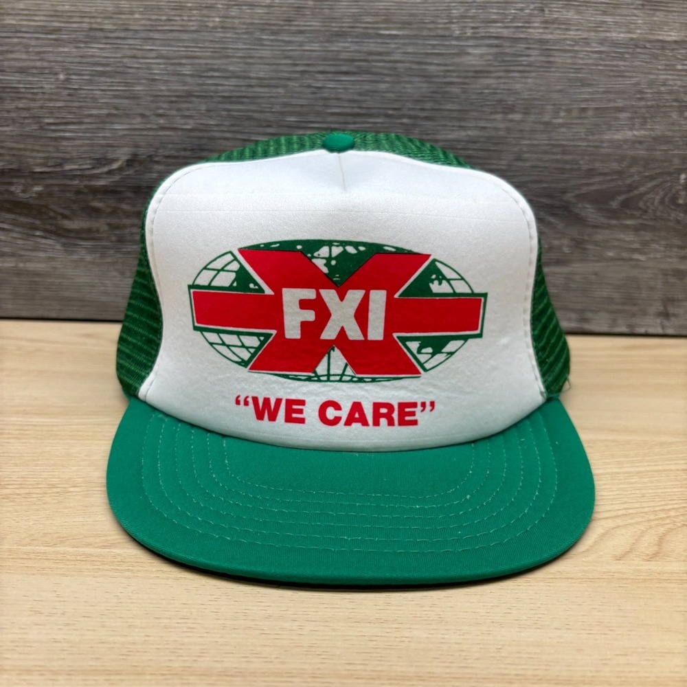 Vintage FXI Hat Cap Snap Back Green White Trucker We Care Promo Advertising Logo